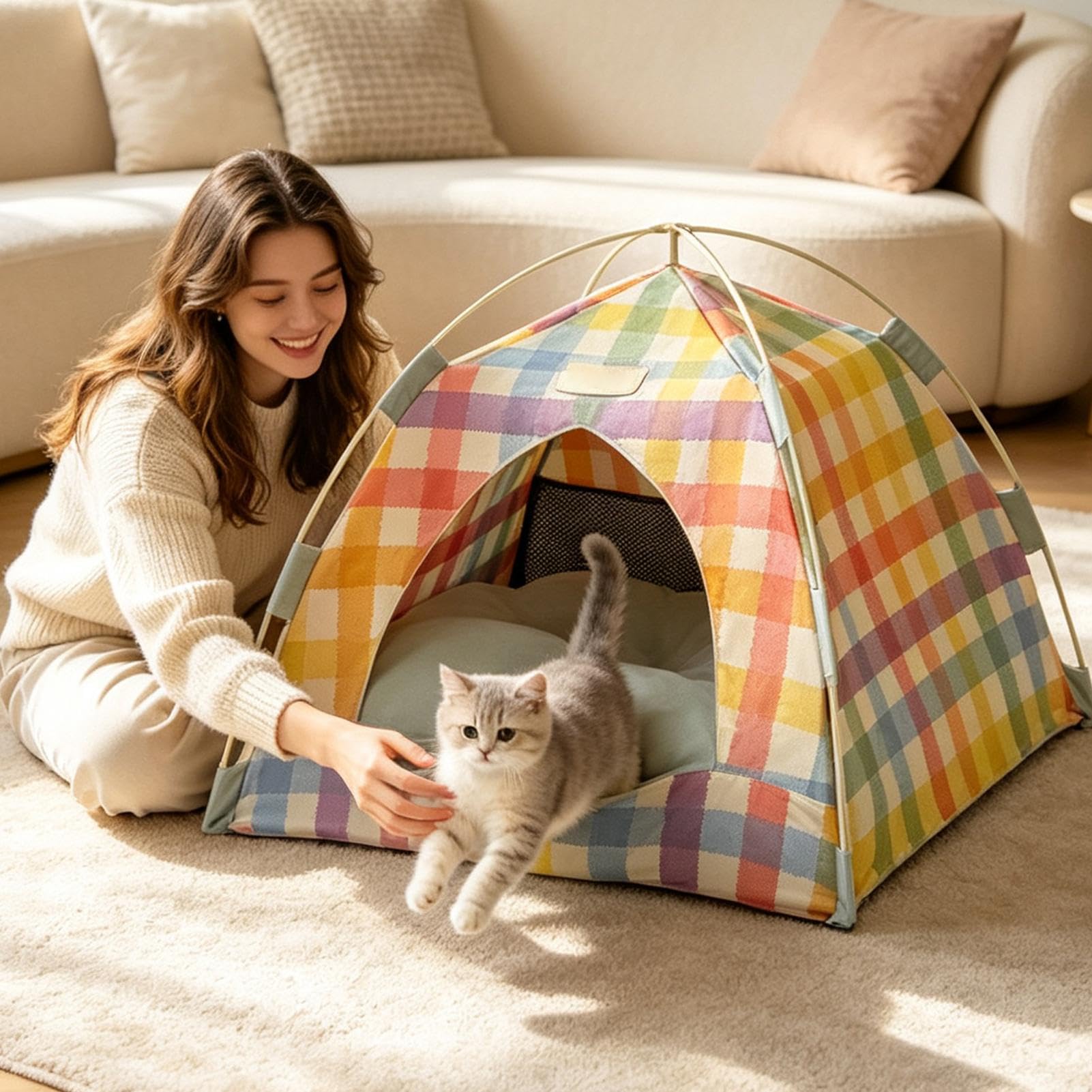 Tenda per Gatti Domestici Casetta Traspirante Pieghevole in Rete con