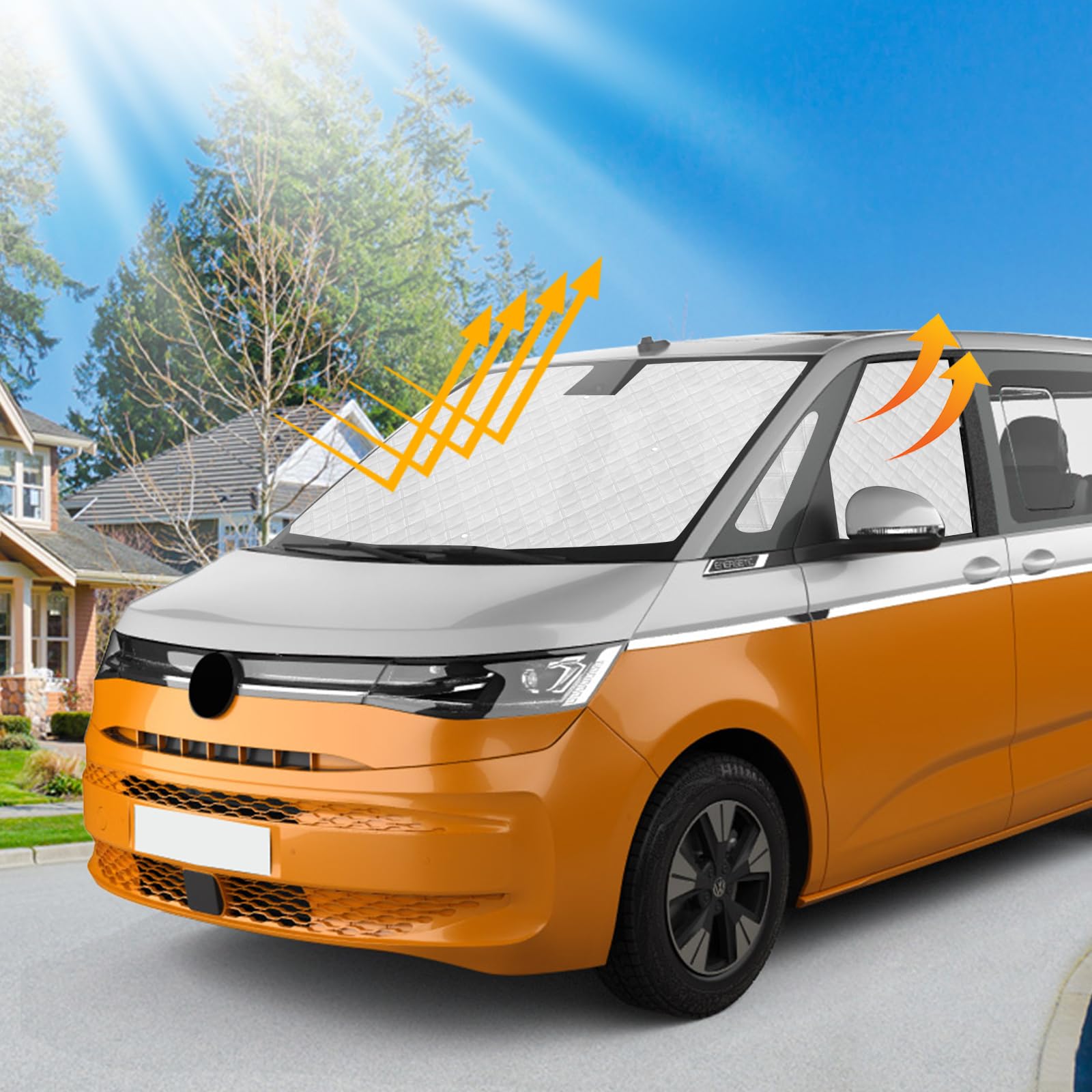 Sonnenschutz Auto Frontscheibe Ersatz für VW T7, 3 STK Thermomatte | Faltbarer Sonnenschutz für Auto Innenabdeckung, Internes Set mit Aufbewahrungstasche, 100% Okklusion