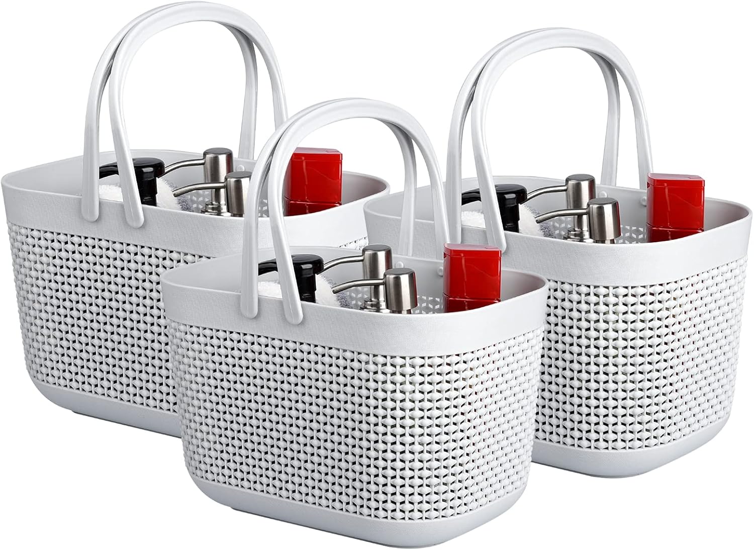 UUJOLY Plastic Organizer Storage Baskets with Handles, Shower Caddy Bins Organizer for Bathroom and kitchen (3 Pack, Grey)