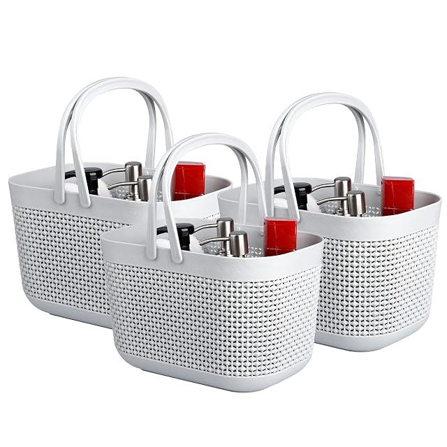 UUJOLY Plastic Organizer Storage Baskets with Handles Shower Caddy Bins Organizer for Bathroom and kitchen 3 Pack Grey