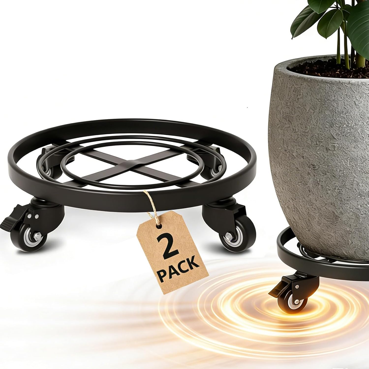 AMAGABELI GARDEN & HOME Plant Caddy with Wheels Heavy Duty 14“ 2 Pack Rolling Plant Stand Plant Dolly Iron Wheeled Lockable Casters Round Pot Mover Rollers Indoor Outdoor Planter Trolley Metal