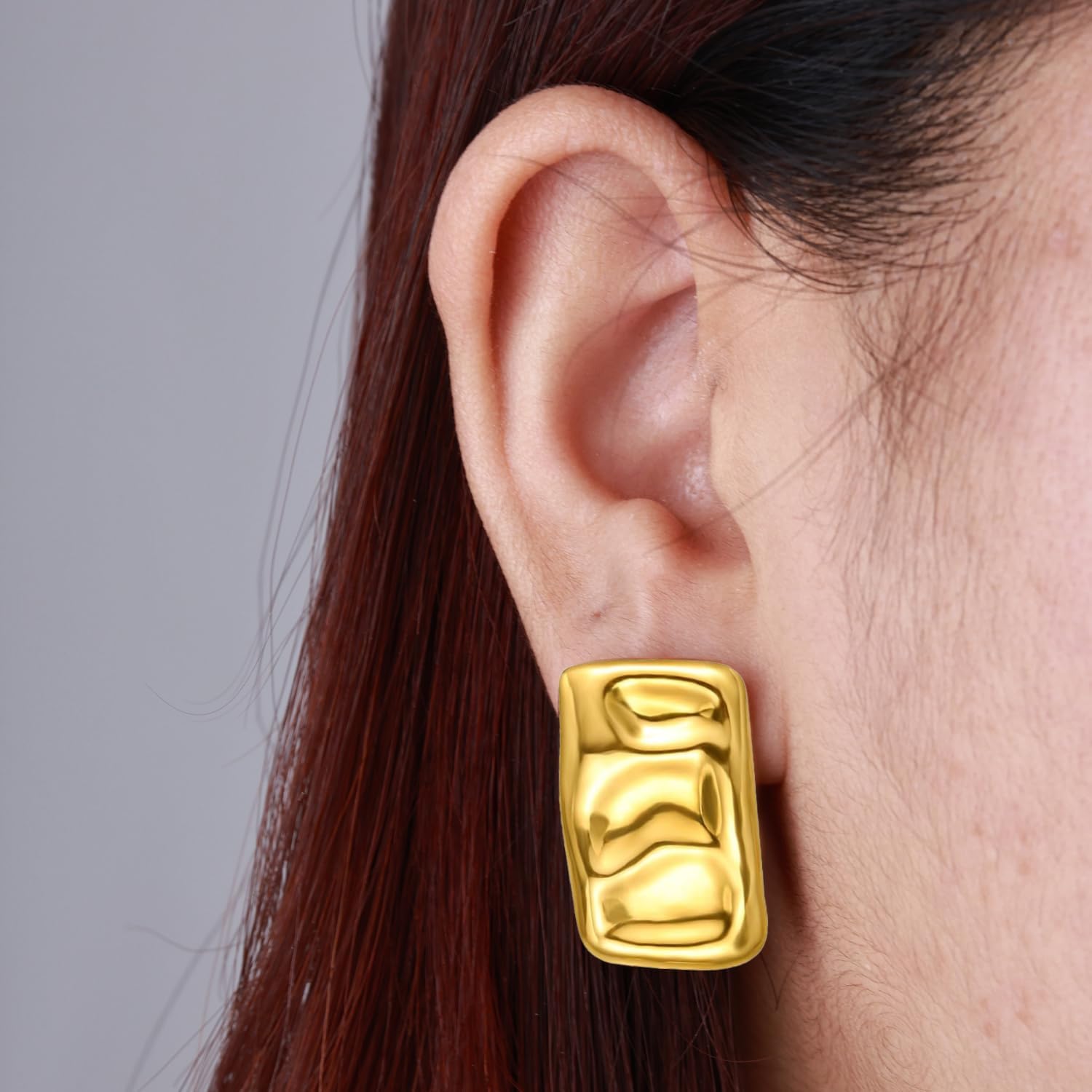 Geometric Rectangle Gold Plated Stud Earrings Irregular Hammered Chunky Statement Square Earrings for Women Trendy - Image 2