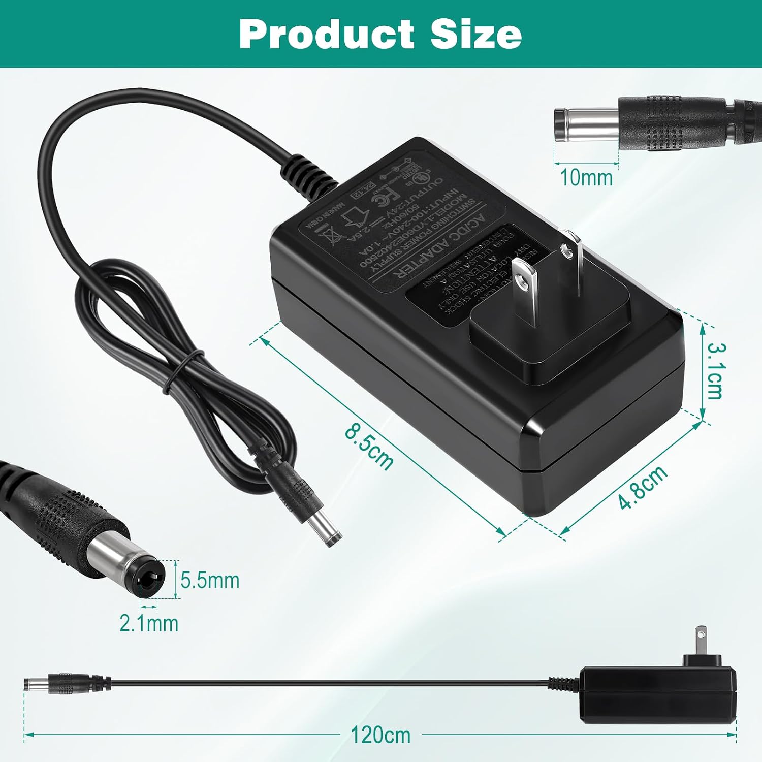 HOUHUI 2-Pack 24V 2.5A Power Supply UL Listed, 100-240V AC to 24V 2.5A 60W DC Converter Wall Plug Power Adapter for 2A 1A 0.5A Devices, 24 Volt Transformer with 6 DC Tips for Home/Office Electronics