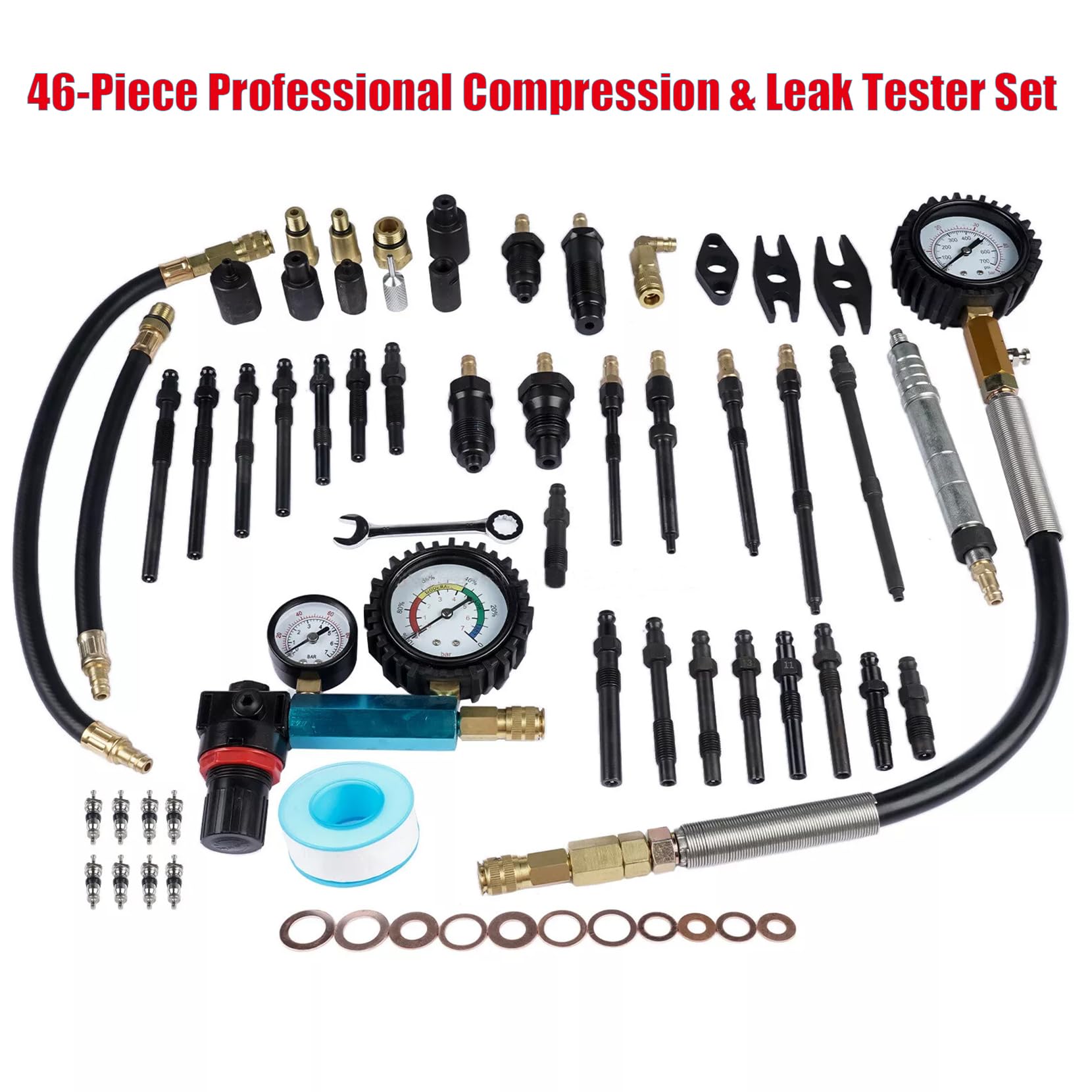 46 piezas Comprobador de Compresión, Profesional Comprobador de Pérdida de Presión, Comprobador de Motor, Compatible con Motores Diésel y Gasolina
