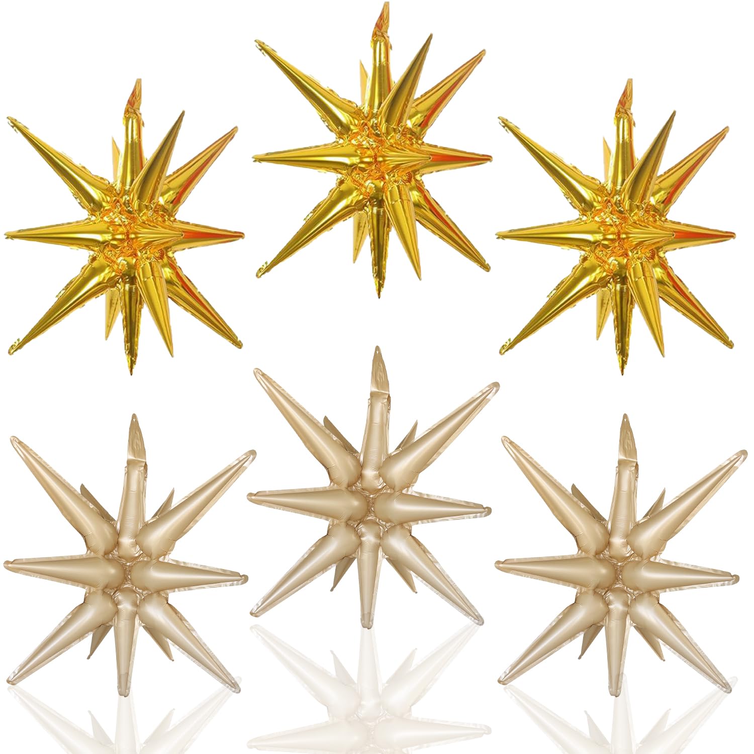 6 Pcs Foil Balloons Gold and Caramel Colour One-Piece 14-Pointed Star Balloon 4D Starburst Cone Mylar Balloon 22inch Christmas Birthday Wedding Party