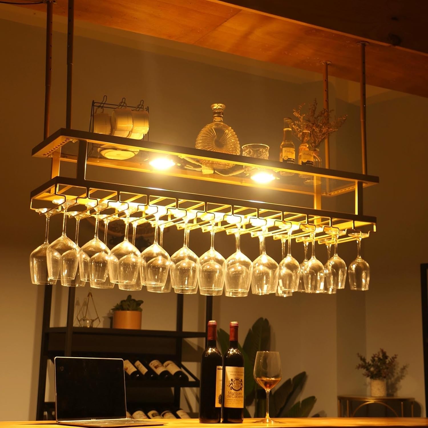 Modern Glass Wine Rack - 100cm Ceiling Shelf for Bottles, Stylish Floating Wine Holder for Home & Restaurant, Hanging Wine Storage Display, Wine Bottles Organizer