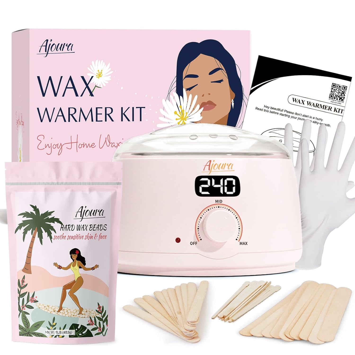 Ajoura 1lb Refill Wax Beans for Hair Removal Kit + Ajoura Digital Wax Warmer, 10 minutes Quick-Heat Hair Removal Kit with Precision Temp. Control
