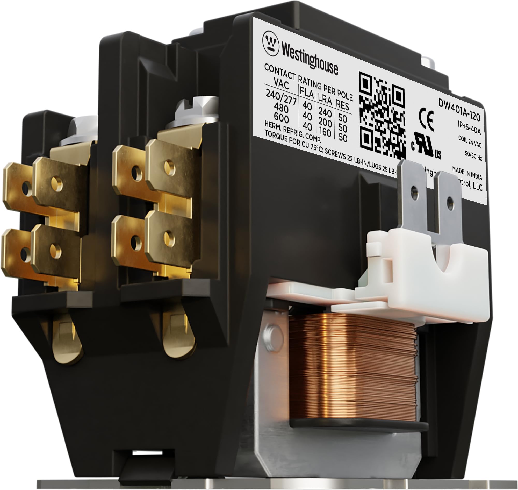 Westinghouse HVAC Contactor, 1 Pole, 40 Amp, 24V Coil, Line Lugs & Load Screws, A2L Compliant Definite Purpose AC Contactor, UL Recognized & Approved for UL 60335