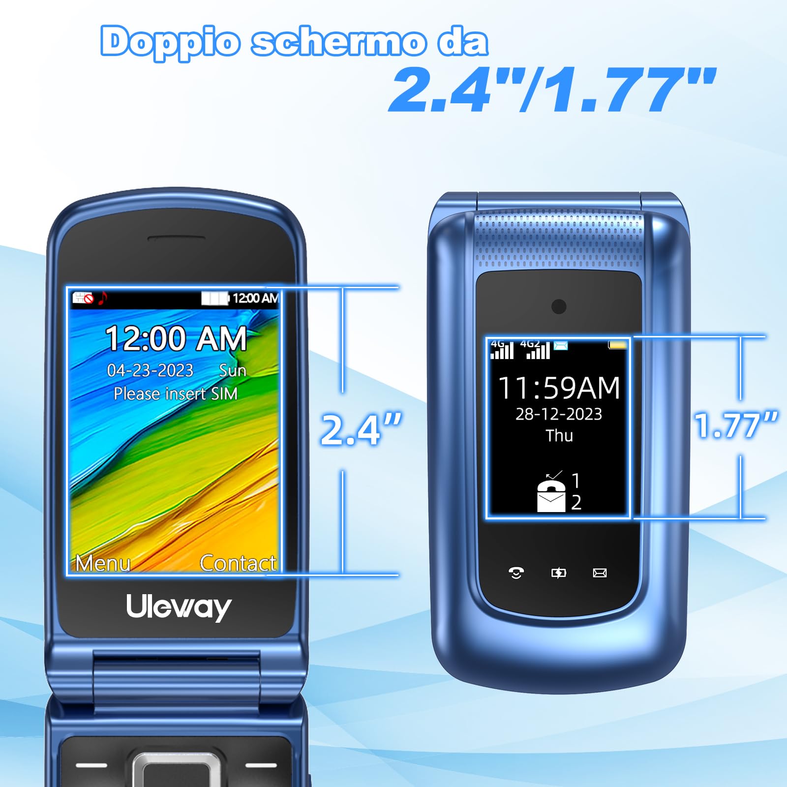CHAKEYAKE 4G Telefono Cellulare per Anziani,Dual SIM, Flip Telefoni Cellulari con Tasti Grandi, Funzione SOS, Volume alto, 2.4"+1.77" Doppio Display, Torcia, Base (Blu)