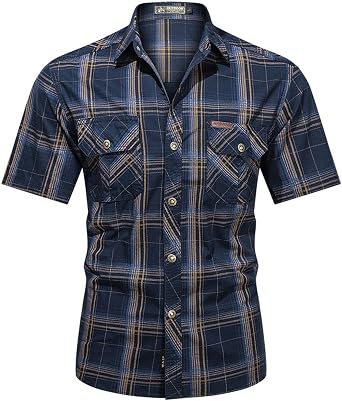 Western Shirts for Men Button Up Short Sleeve Pearl Snap Shirts Regular Fit Plaid Cowboy Outdoor Military Shirts