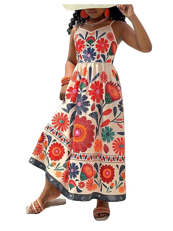 BEAUDRM Girl's Floral Cami Dress Boho V Neck Sleeveless Beach Vacation Long Flowy Summer Sundress Multicolor 8Y by BEAUDRM - Used condition - US$11.13
