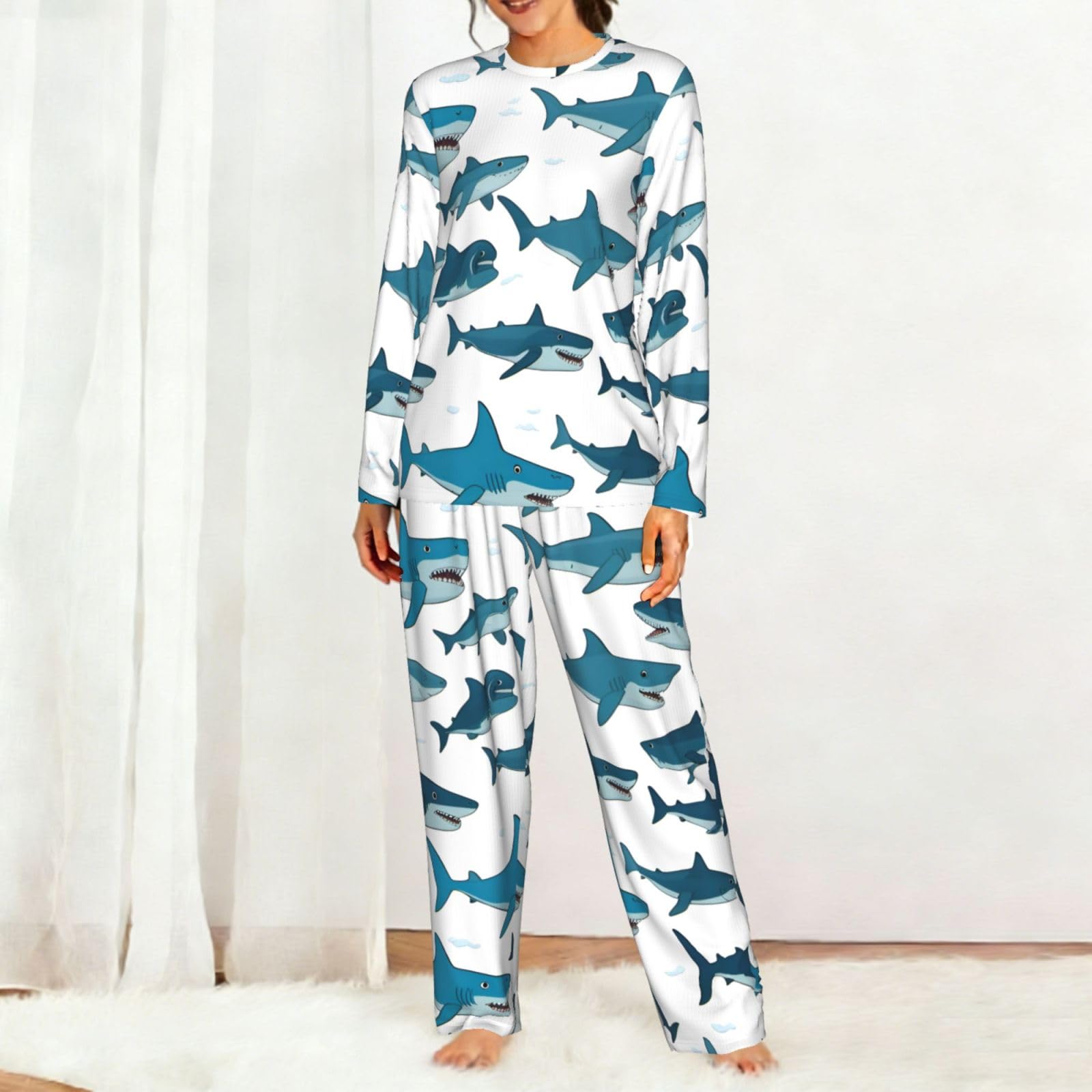 Pigiama da donna a maniche lunghe con stampa di squalo con vari gesti, morbido pigiama da spiaggia, vacanze, biancheria da notte, regalo casual