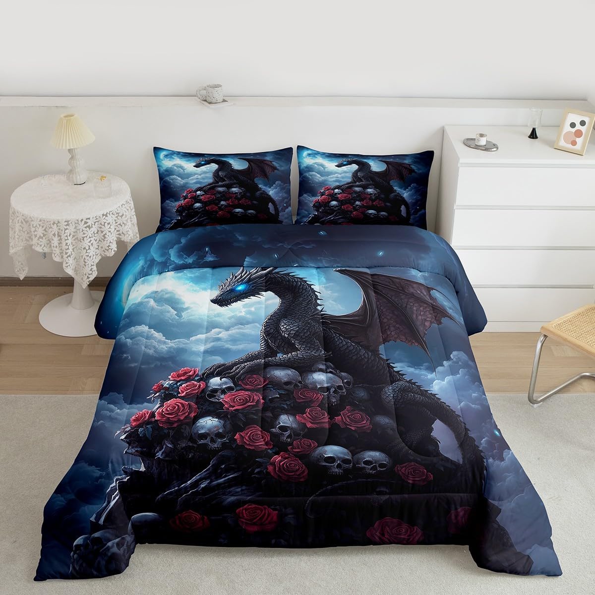 Dragon Bed Comforter Set Queen Size,Castle Bookshelf Super Soft Microfiber Bedding Set for Adults Men,Mysterious Magical Theme Decorative Comforter Set,3 Pcs