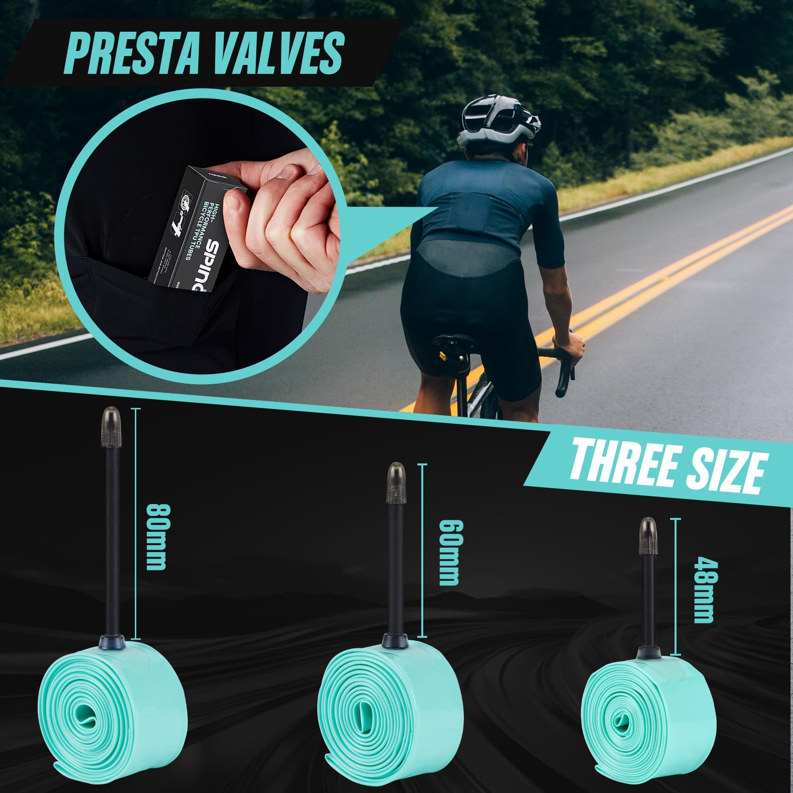 2er-Pack SPINGO TPU Schlauch Rennrad 700C x 23–32C, Ultraleicht 46g Rennrad Schlauch Pannensicher TPU Fahrradschlauch mit Presta Ventil 48mm/60mm/80mm