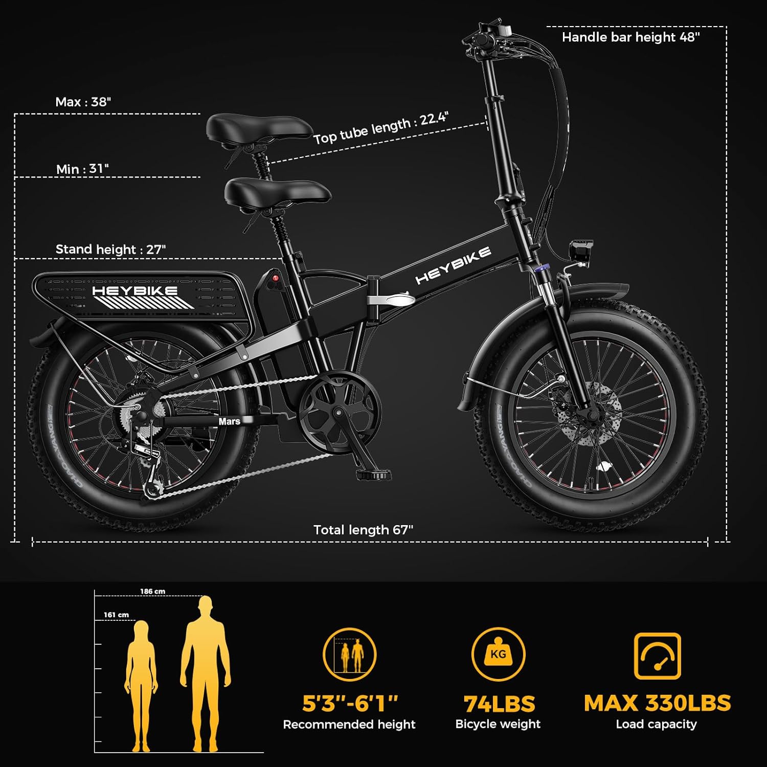 Diagram der viser dimensionerne af Heybike Mars 2.0 elcyklen, anbefalet rytterhøjde, cykelvægt og maksimal lastekapacitet.