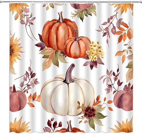 Miniatura 2 de Cortina de ducha de calabaza bohemia de otoño con hojas florales de acuarela, rústica, otoño, cosecha, calabaza, granja, tela, cortina de decoración