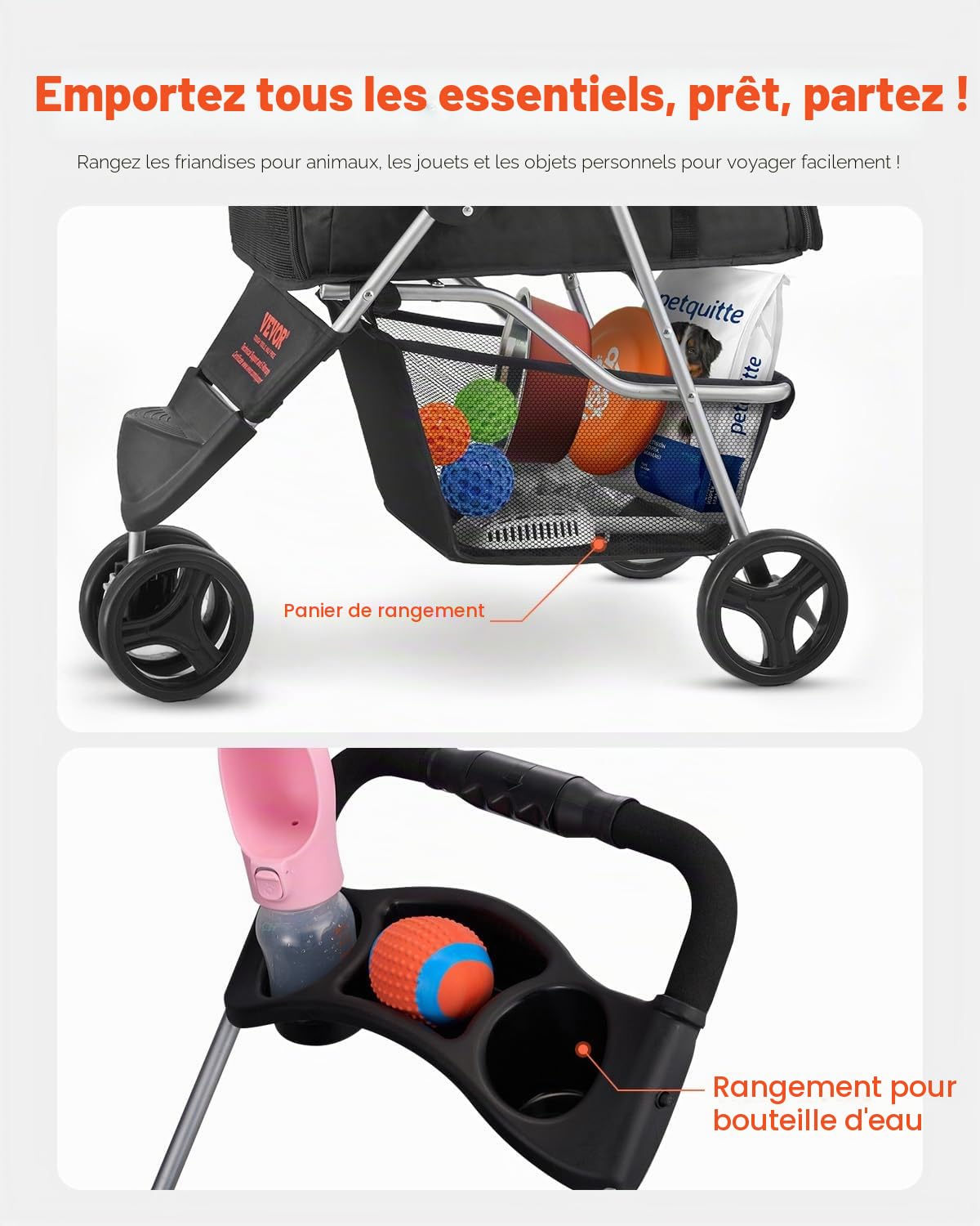 VEVOR Poussette pour Chien Animaux de Compagnie Pliable, Capacité 16 kg, avec 3 Roues et Freins Arrière, Fenêtres en Maille, Porte-gobelets, pour Chats, Animaux de Compagnie Taille Petite Moyenne