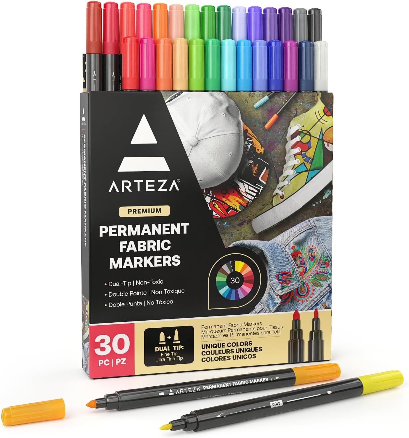ARTEZA Fabric Markers, Set of 30, Colored Permanent Textile Markers