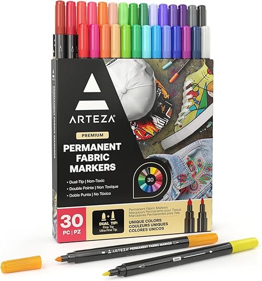 ARTEZA Fabric Markers, Set of 30, Colored Permanent Textile Markers, Dual-Tip Pens for Coloring T-Shirts, Jeans, Jackets, Backpacks