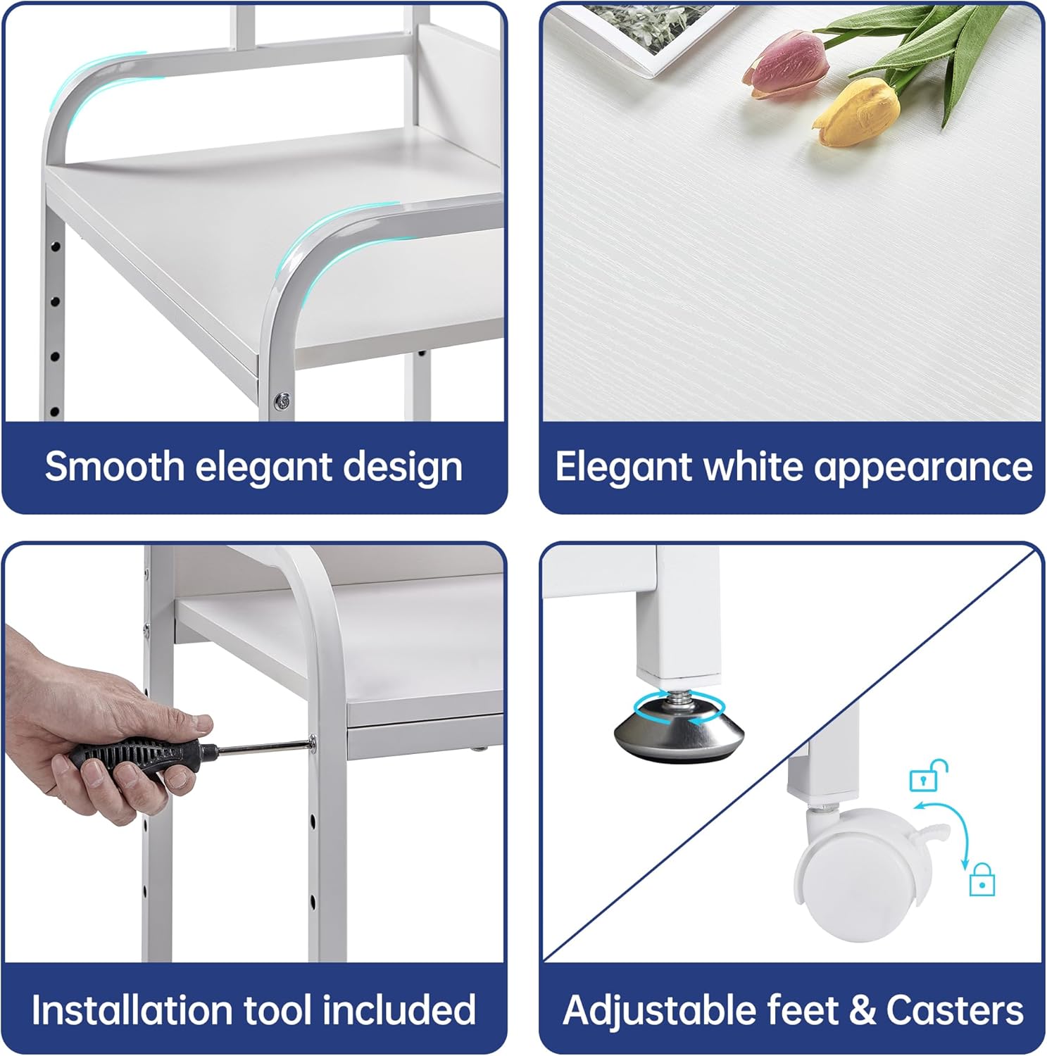 Image showing the adjustable feet, lockable casters, and included installation tool for the Fannova printer stand.