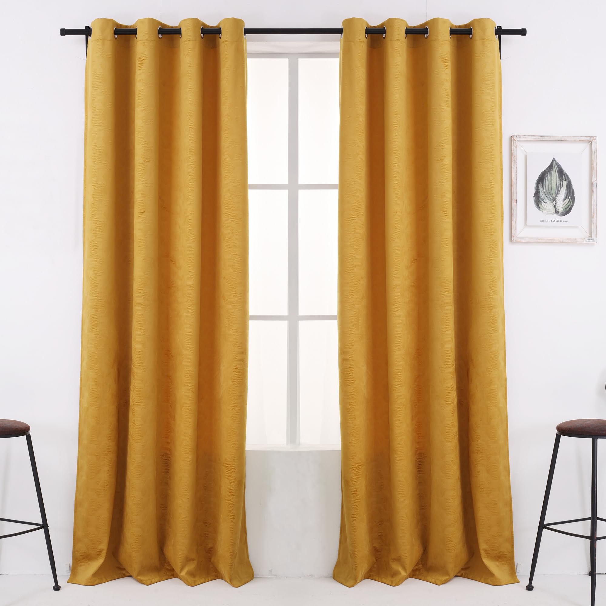 Viste tu hogar Pack 2 Cortinas de Terciopelo Holandés con Patrón de Cuadros, 150x260 cm, Opacas, Suaves y Elegantes, Fácil Mantenimiento, Salón, Dormitorio y Oficina, Mostaza