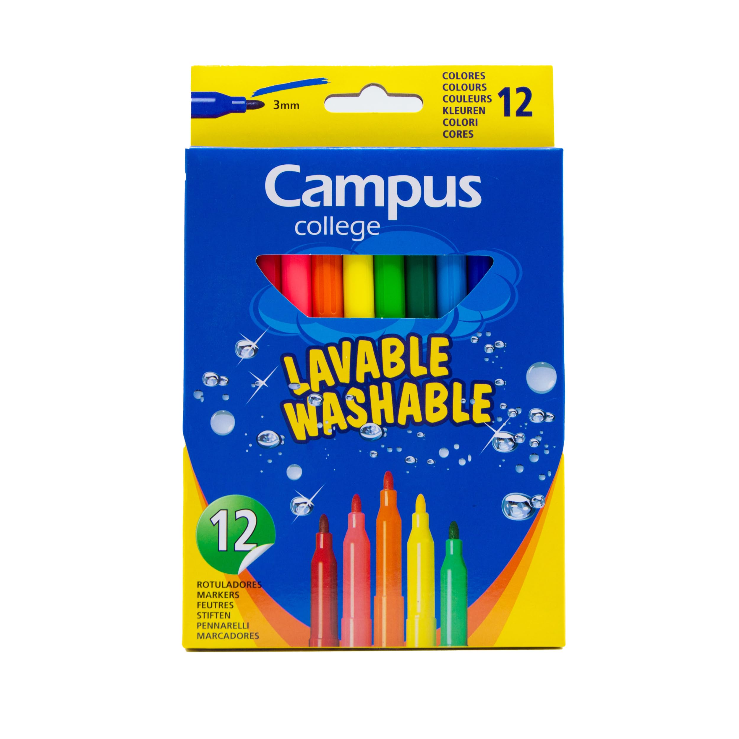 Campus College - Rotuladores Lavables Estuche 12 colores, Marcadores de 3 mm de trazo, para Niños y Adultos Dibujo, Caligrafía, Lettering, Bullet Journal (Pack 12 unidades)