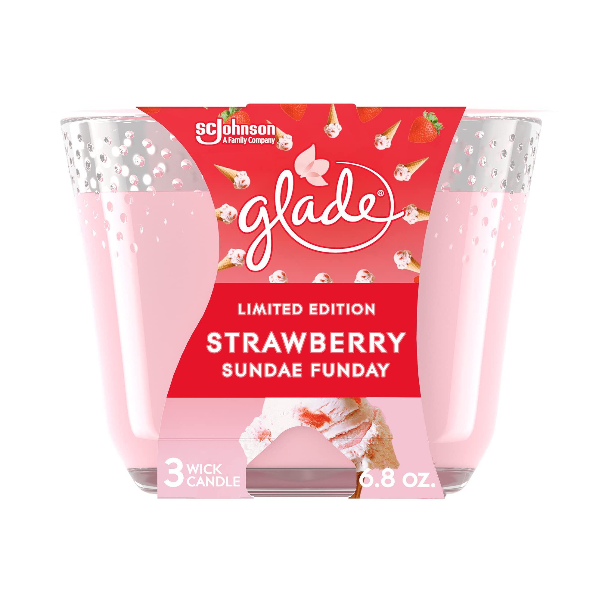 Glade Candle Strawberry Sundae Funday, Fragrance Candle Infused with Essential Oils, Air Freshener Candle, 3-Wick Candle, 6.8 Oz