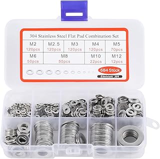 684 Pièces Inox Rondelles Plates Metal, pour Gonds de Porte, 9 Tailles Rondelles Acier Inoxydabl 304 - M2 M2.5 M3 M4 M5 M6 M8 M10 M12 Rondelle Carrossier Inox