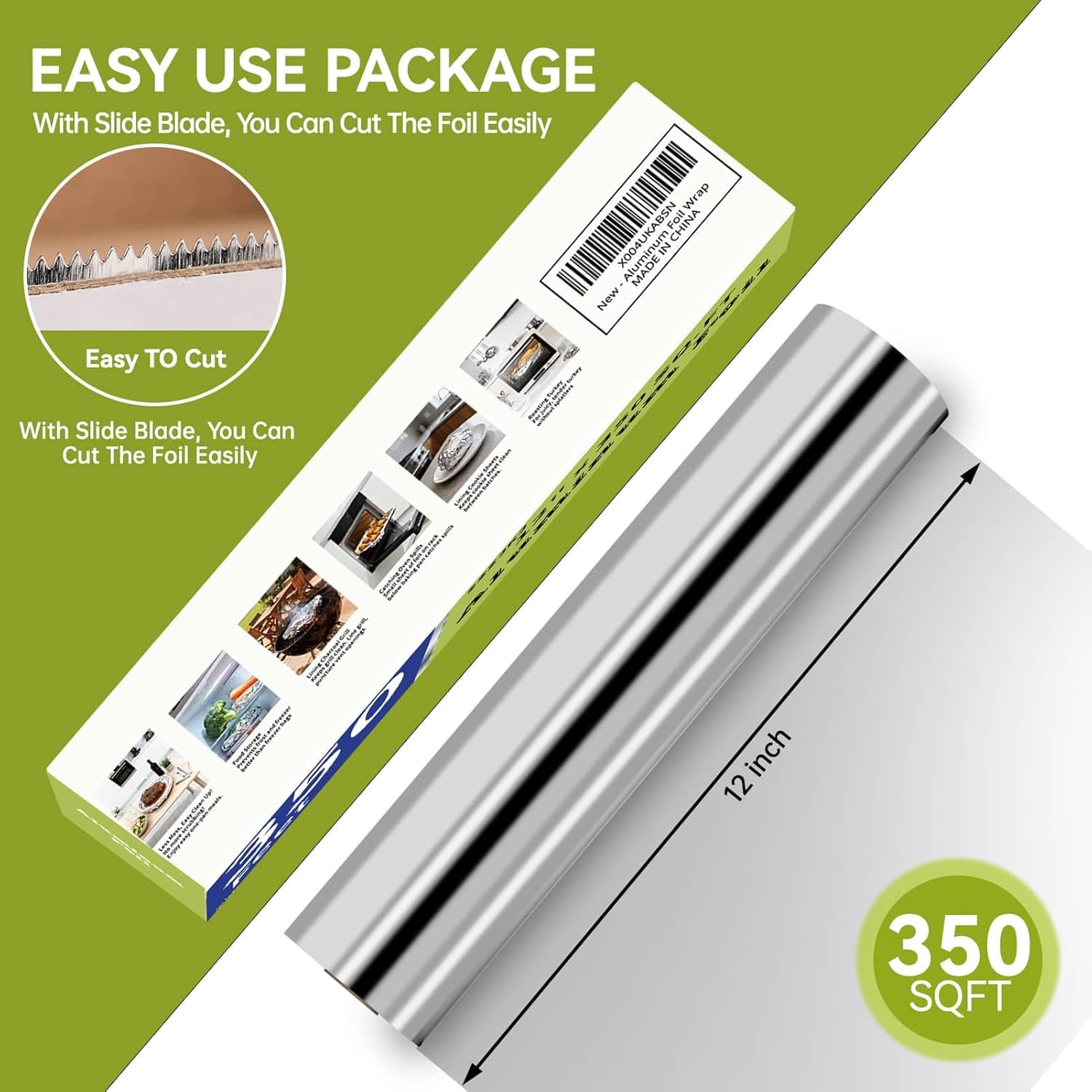 Aluminum Foil Roll, 12in x 350ft Aluminum Foil, Thick Strong Tin Foil with Cutter, Food Safe Cling Wrap for Cooking, Baking, Roasting, Grilling, Freezer Storage