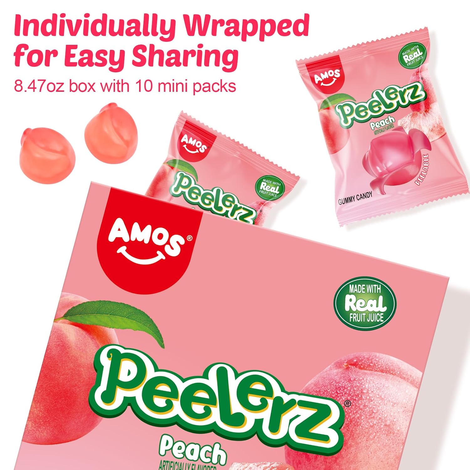 AMOS Peelerz Gummy Peach Candy, Peelable Fruit-Shaped Candy, 8.47oz Box with 10 Individual Packs, Fun Peeling Gummy Snack Made with Real Juice, Perfect for Mother's Day & Festive Treats