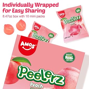 AMOS Peelerz Gummy Peach Candy, Peelable Fruit-Shaped Candy, 8.47oz Box with 10 Individual Packs Fun Peeling Gummy Snack Made with Real Juice