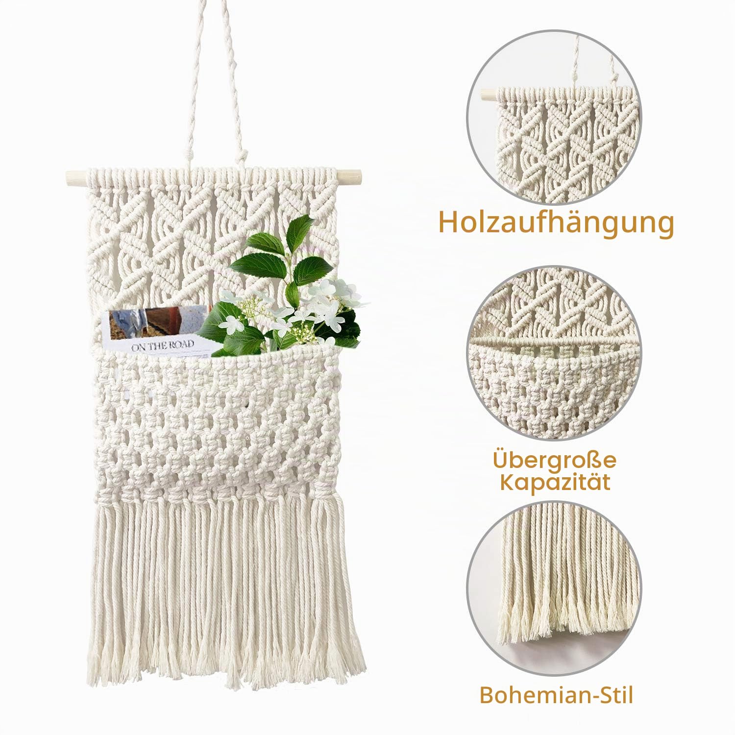 Laurraine Makramee-Wandbehang, Wanddekoration, schicke handgefertigte Baumwolle, gewebte böhmische Heimdekoration, Zeitschriftenaufbewahrung, Organizer, Wandteppich, Tasche, Boho-Wanddekoration für Wo