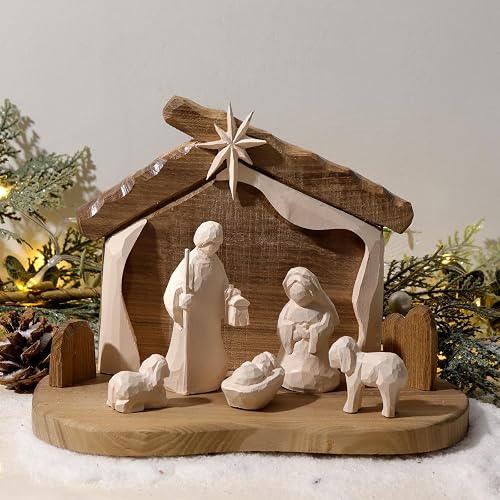 6Pcs Nativity Sets & Figures, Rustic Christmas Wood Nativity Set,
