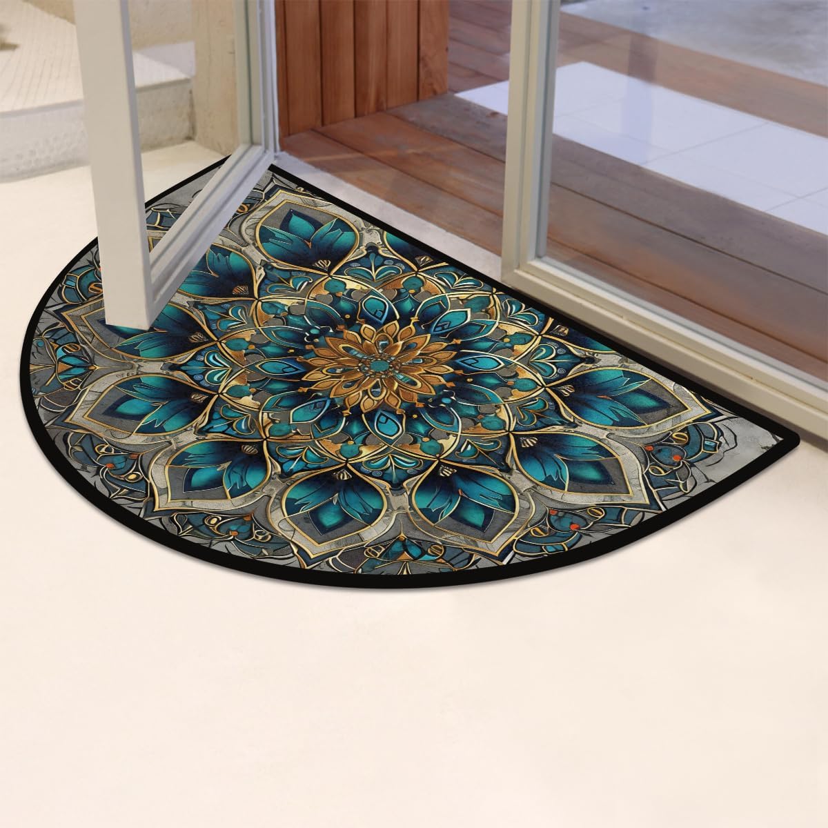 Half Round Door Matblue Mandala Ethnic Non Slip Absorbent Semi Circle Area Rugs Washable Half Moon Floor Mats for Indoor Outdoor Patio Kitchen Bathroom Entryway Fireplace Home Carpet Decor