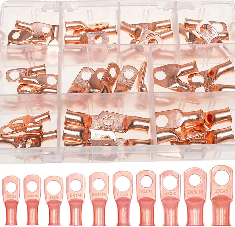 Terrans 50pcs Terminal Connectors Cable Ends, 10 Size UL Crimp Copper Wire Ring lugs Heavy Duty Battery Cable Closed Ends for Vehicle Boat Marine