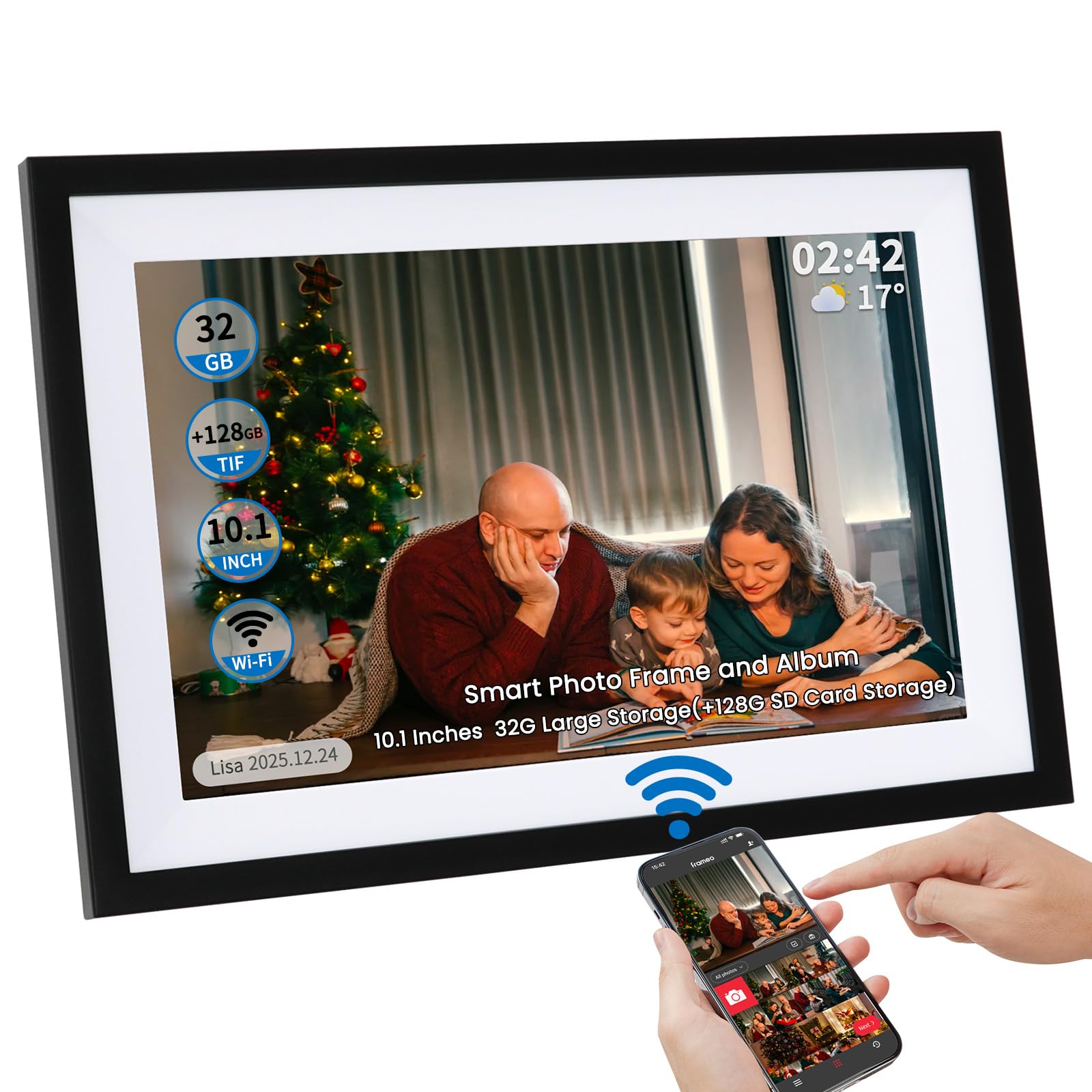 Cornice digitale, WiFi, archiviazione cloud illimitata, touch screen HD da 10,1 pollici, aggiorna le foto tramite telefono o SD SD SD Sard, grande memoria 32G per migliaia di foto, per genitori