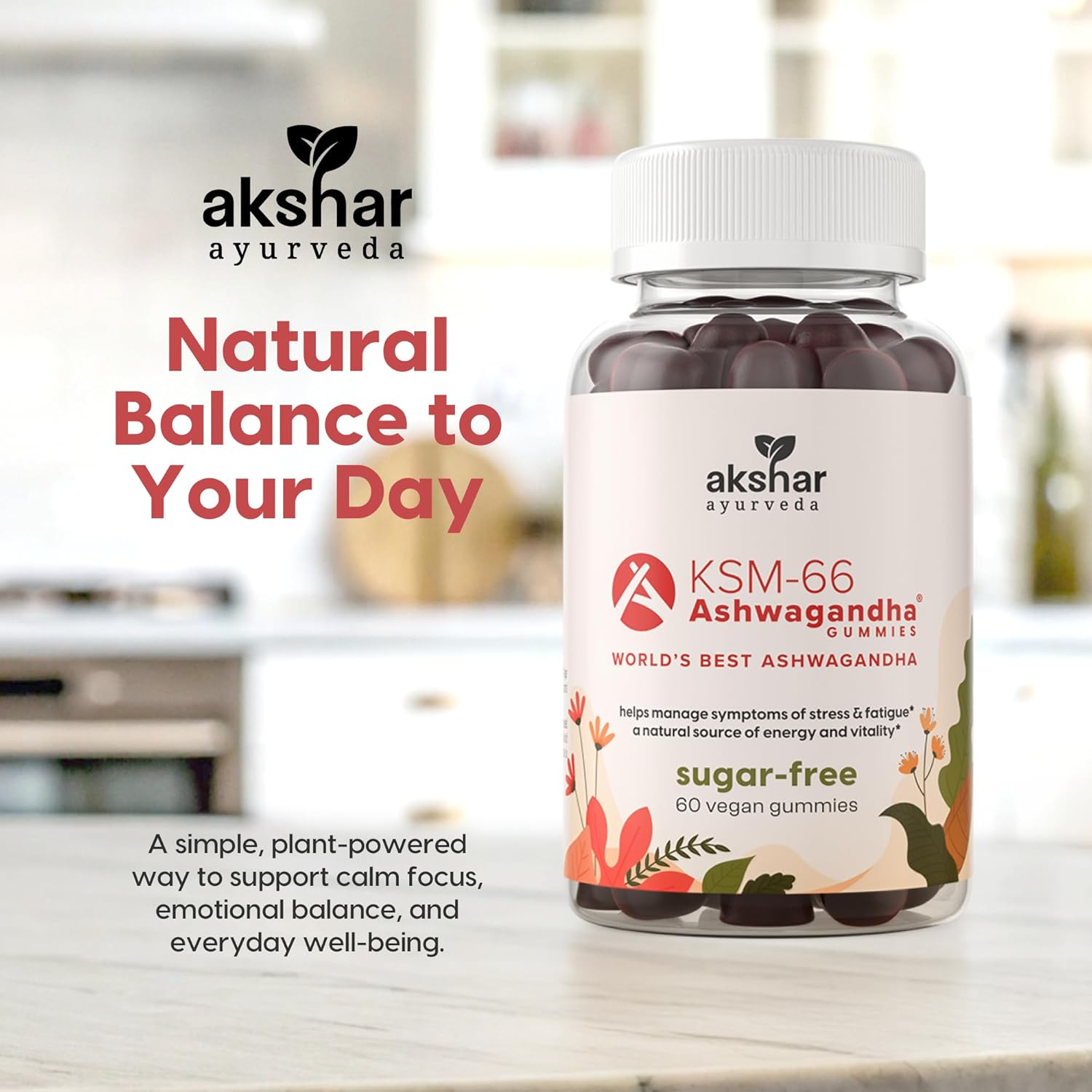 AKSHAR Ayurveda Ashwagandha KSM-66 Gummies, Organic Ashwagandha Supplements for Focus, Increase Energy & Strength, Chicory Root Fiber & Natural Cherry Flavor (60 Count (Pack of 2))