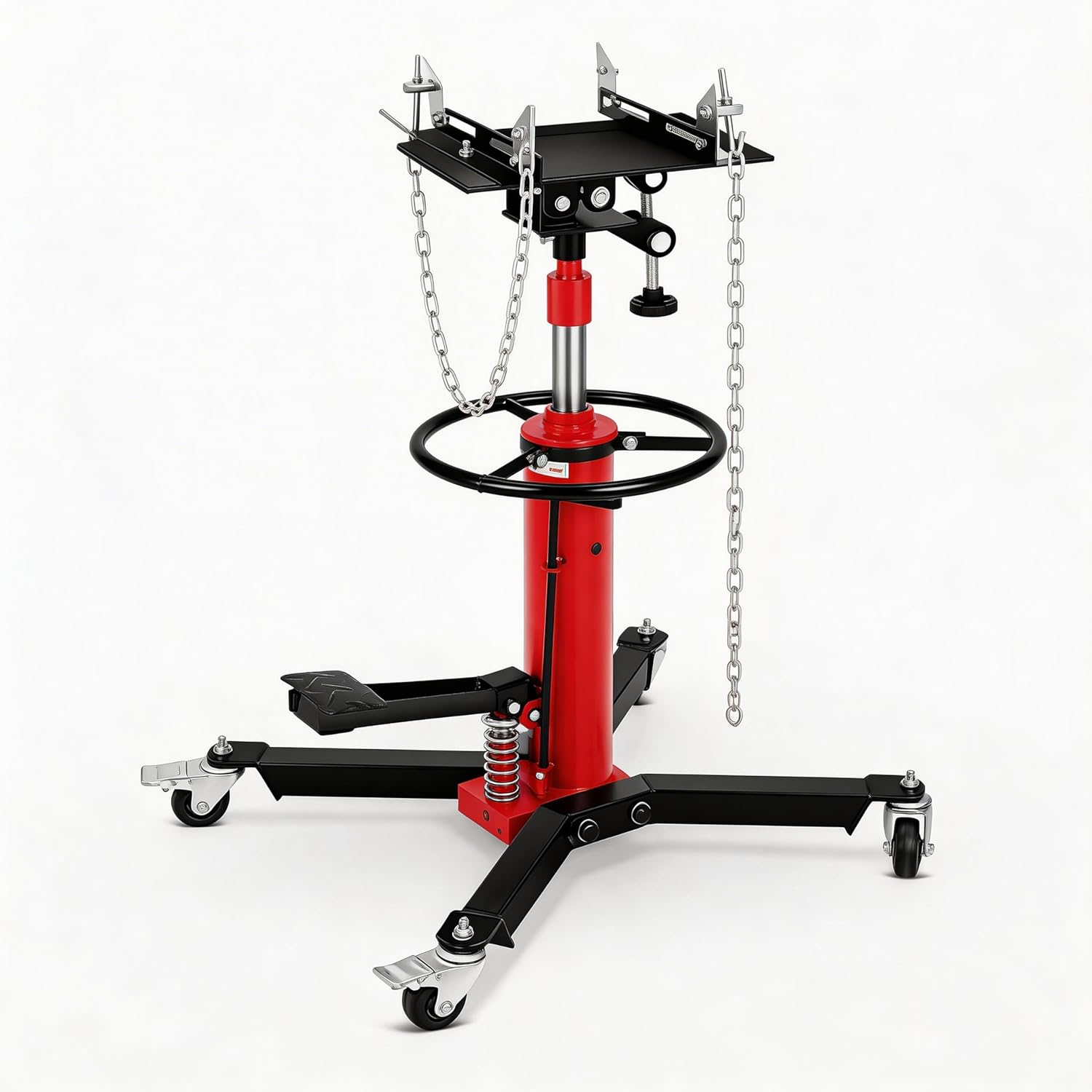 Hydraulic Transmission Jack, 1100 LB Capacity, 34-68 in, Heavy Duty Telescopic Transmission Jack Lift with Foot Pedal, 30° Tilt Saddle & 360° Swivel Wheels for Garage & Shop, Red