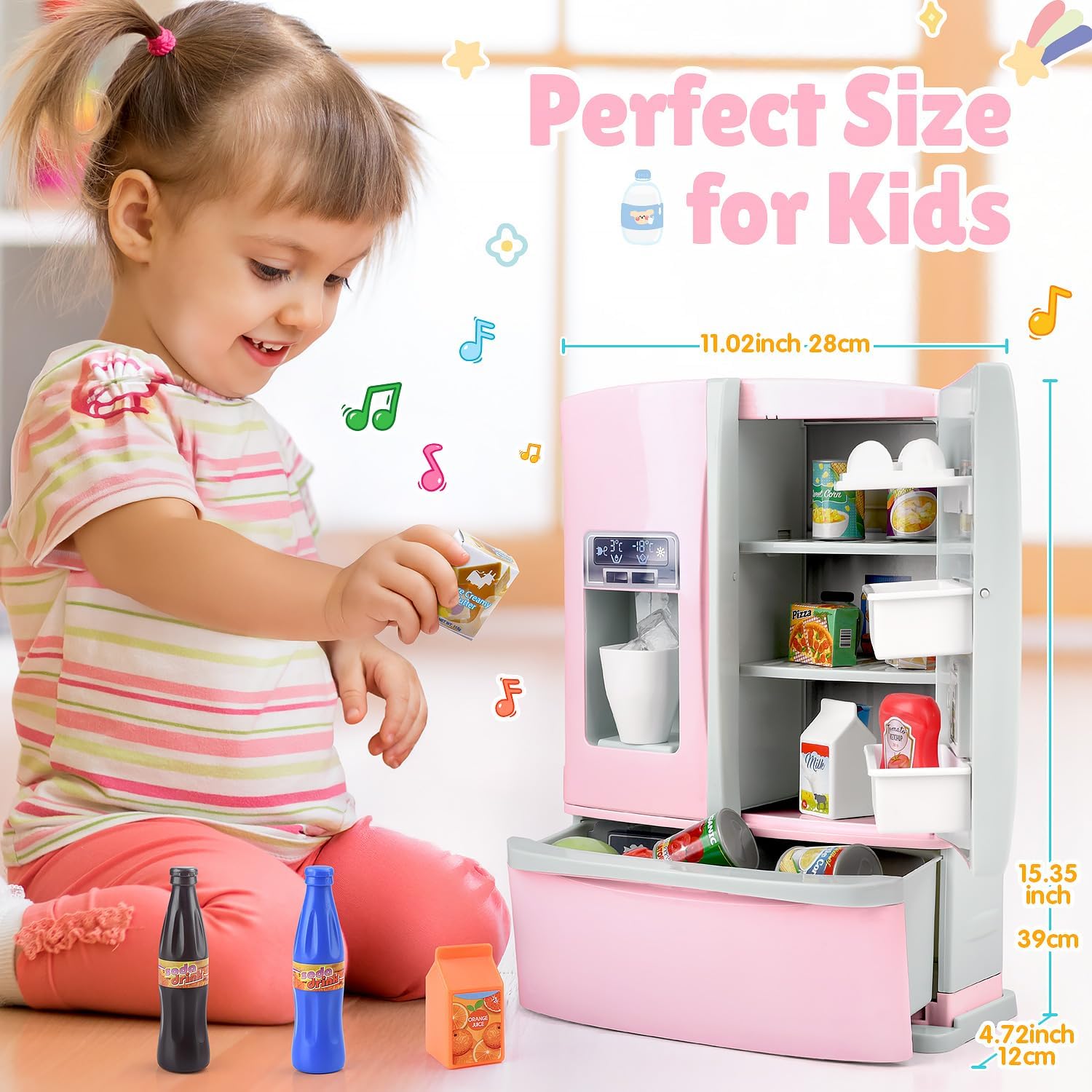 Refrigerator Toy Fridge with Ice Dispenser, Kids Pretend Play Kitchen Accessories with Toy Food Drink Bottles Milk Cans, Play Kitchen Appliances Set for Girls Age 3+, White