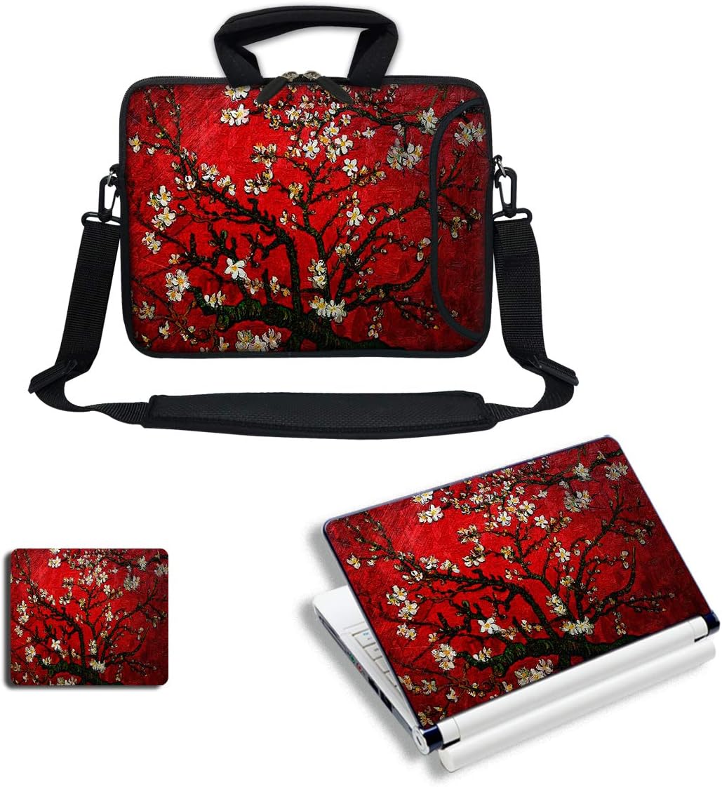 Meffort IncLaptop Bundle - Includes Neoprene Laptop Bag with Side Pocket Adjust Shoulder Strap with Matching Skin Sticker Decal & Mouse Pad (17.3 Inch, Cherry Blossoming)