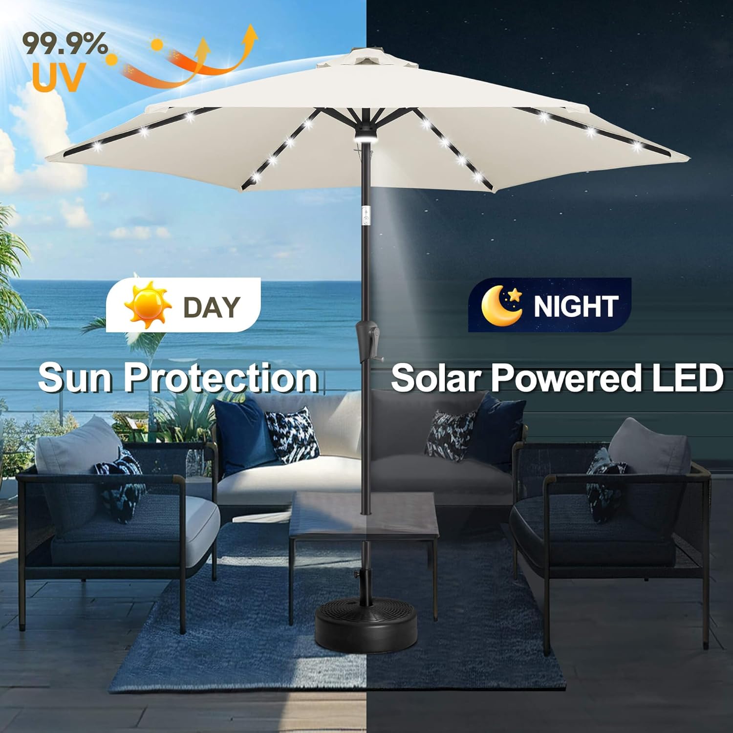 FLAME&SHADE 10ft Solar Outdoor Umbrella - 24 LED Lighted Patio Umbrella with Centre Surround Light, Table Umbrellas with Tilt & Crank for Pool, Porch, Garden, Deck, Backyard UV Protection (Ivory)
