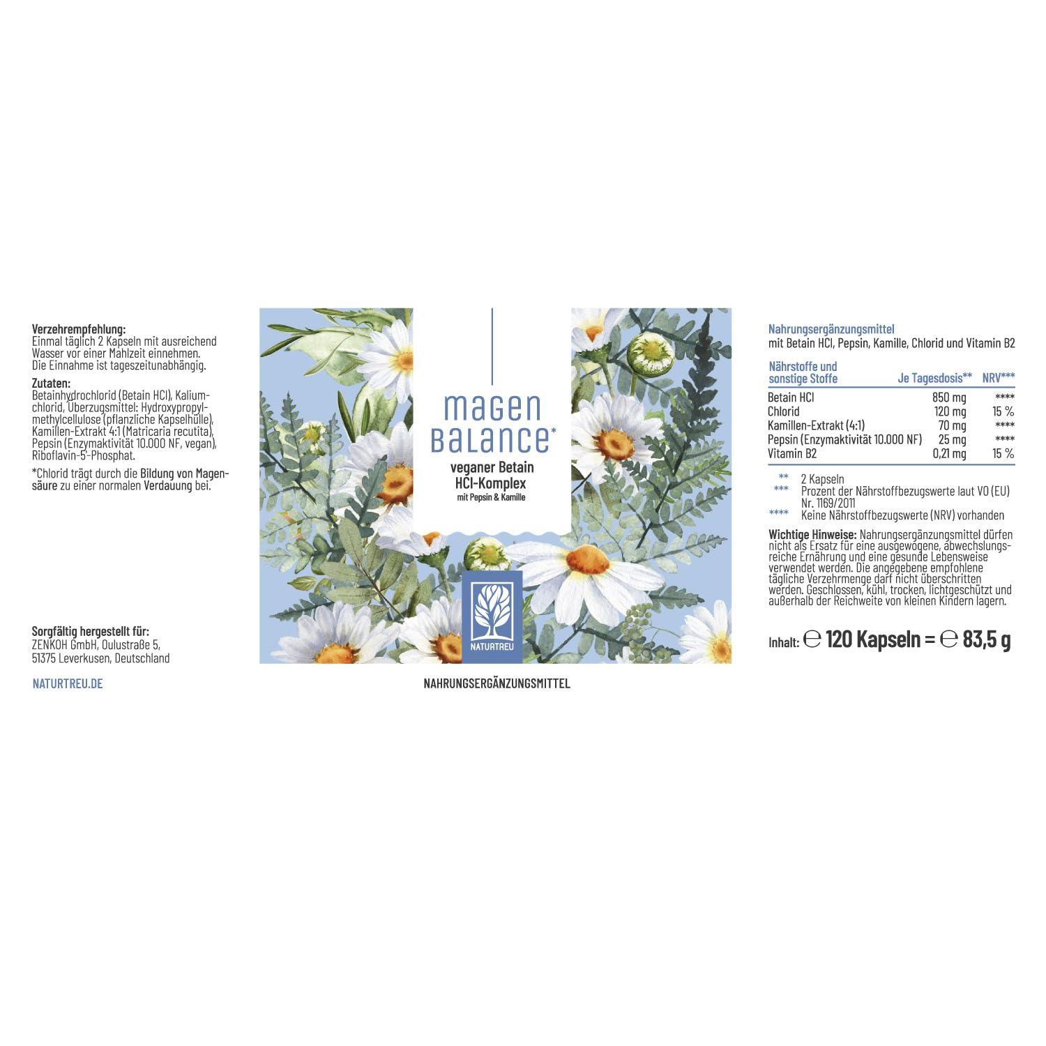 NATURTREU® Magenbalance Betain HCL Komplex vegan - mit Pepsin, Kamille & Chlorid - Unterstützung von Magensäure und Verdauung* - Vollspektrum Enzym Kapseln hochdosiert