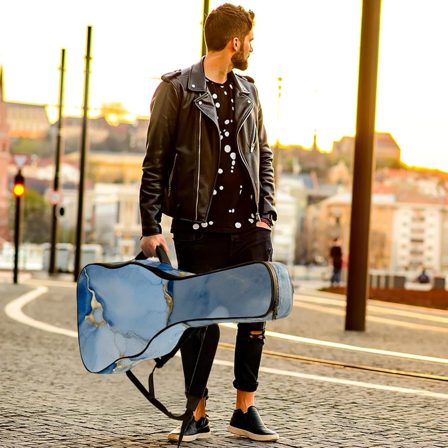Art Marble Guitar Bag 40 41 42 In 2 Pockets Guitar Case Waterproof Guitar Case Resistent Oxford Cloth 0.4 In Extra Thick Sponge Padded for Acoustic Guitar