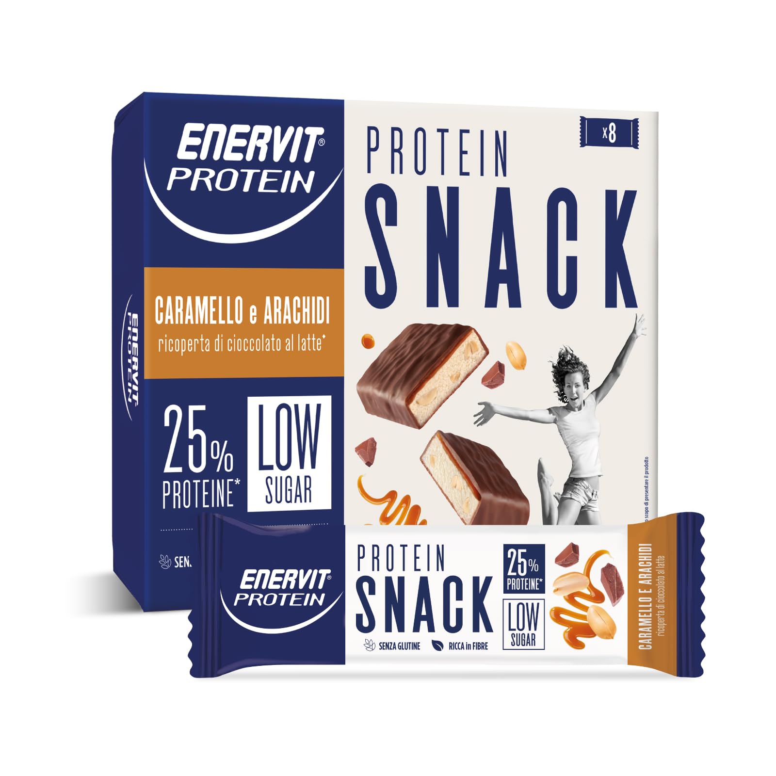 Enervit, Protein Snack con Arachidi e Caramello, Low Sugar, Ricoperta di Cioccolato al Latte, Barrette Proteiche, Ricche in Fibre, Per il Controllo del Peso, Senza Glutine, 8 Barrette da 31g