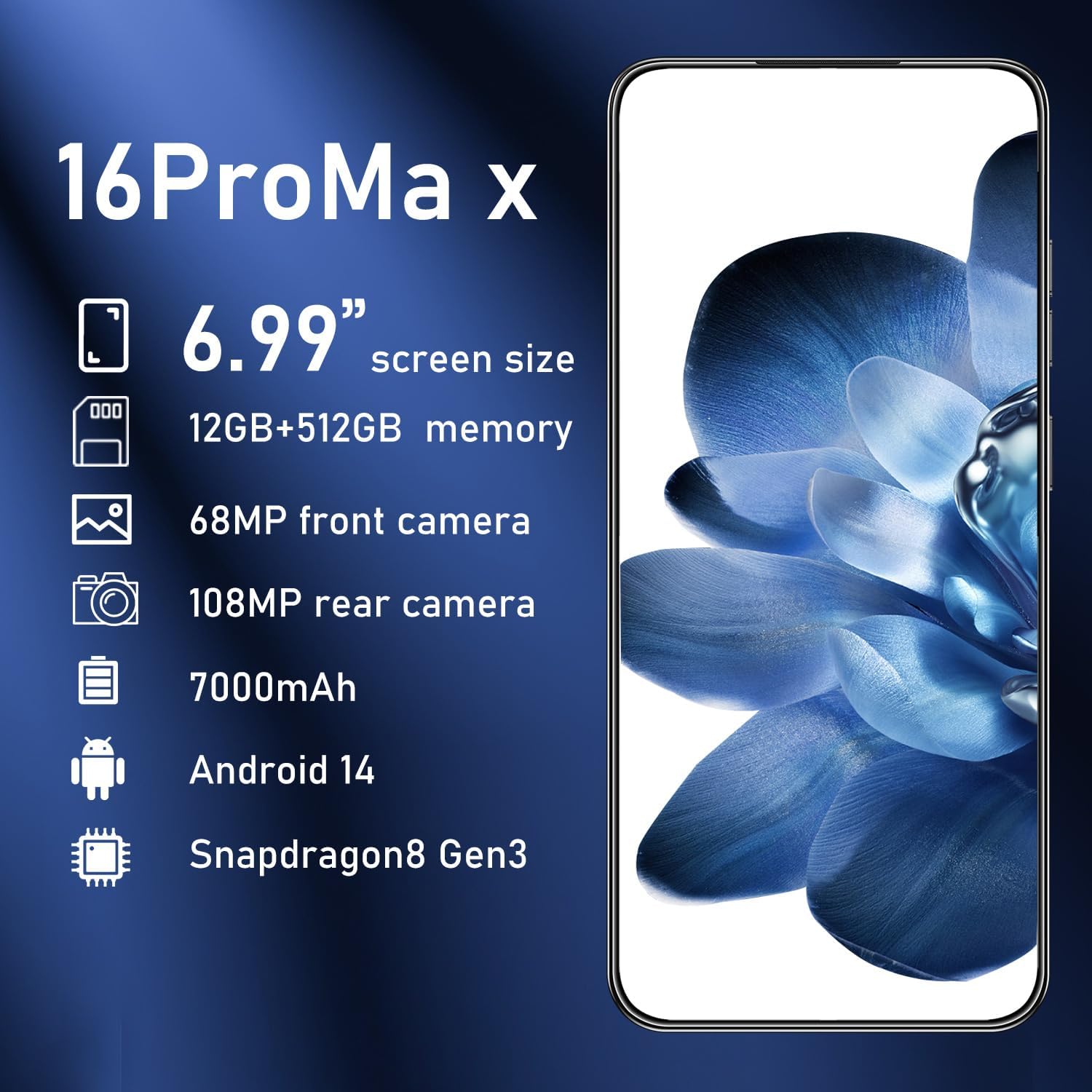 16PROMA X Smartphone New Upgrade 12GB+512GB/6.99" Display 68+108MP Zoom Camera,Tempered Glass Finish, 7000mAh Android 14 Smartphone (Desert Titanium)