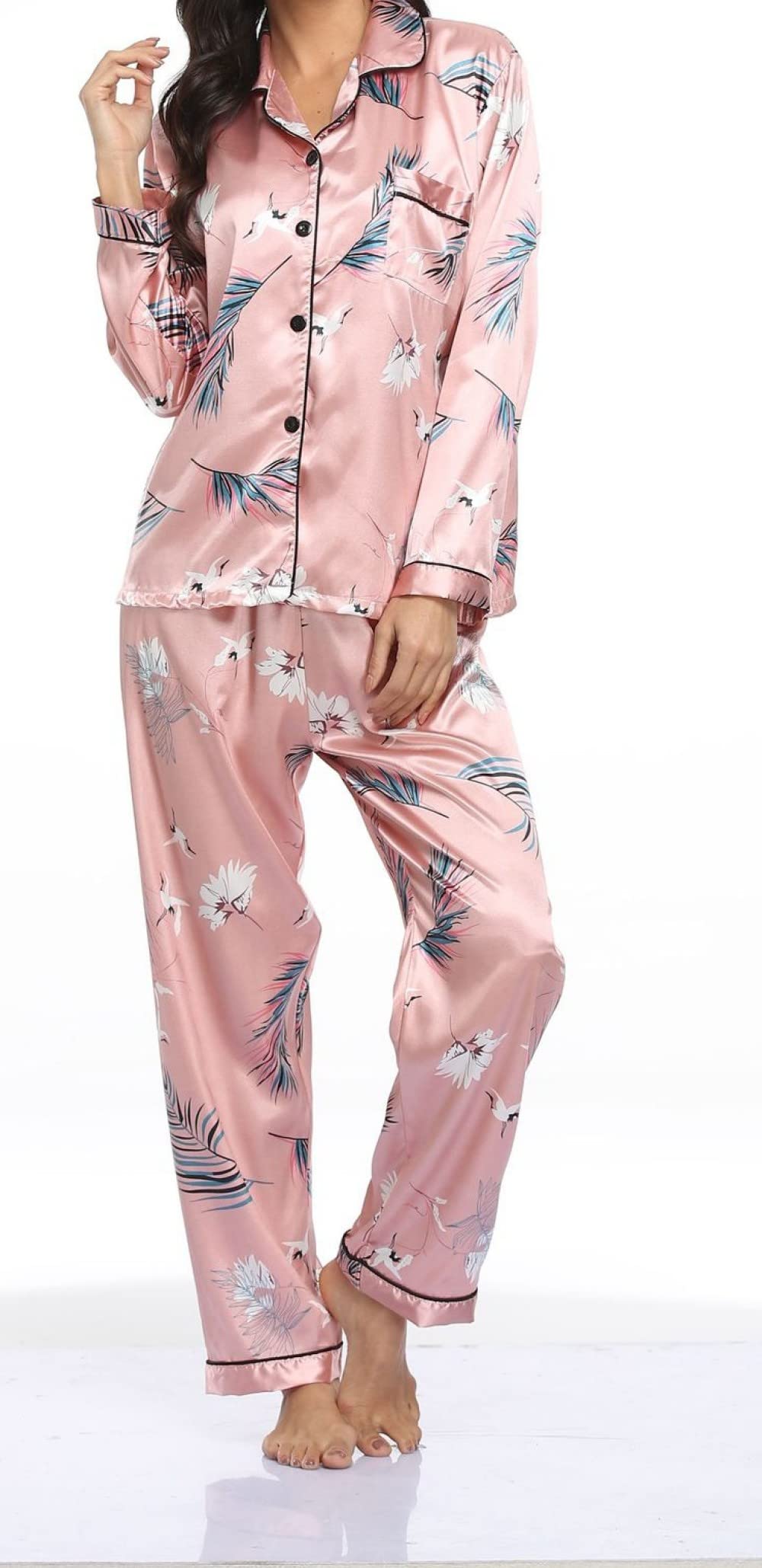 Pijamas Para Mujer Conjunto De Pijama De Poliéster Con Estampado De Grulla De Solapa Rosa Conjunto De Pijama De Manga Larga Cómodo Para Mujer Conjunto De Dos Piezas Regalo De Festival Adecuado Par