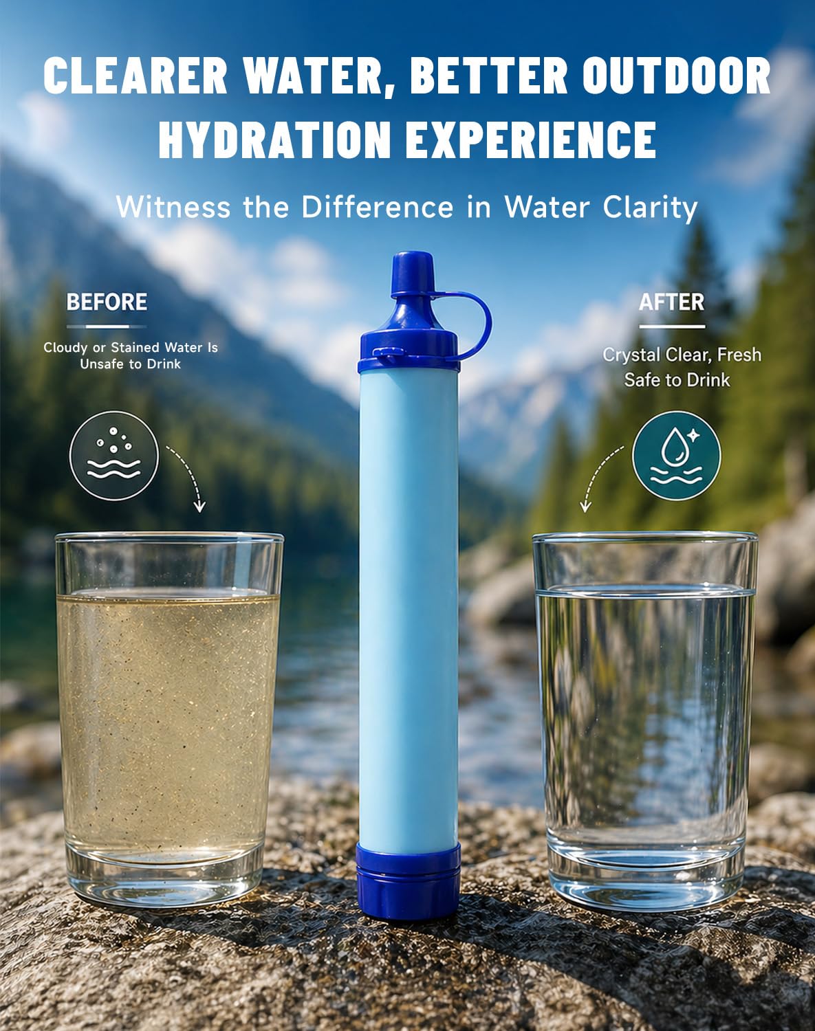 Water Filter, Portable Water Filter Straw, Emergency Survival Filtration System, Lightweight Personal Water Purifier, Includes 480ml Reservoir & Tube, for Hiking, Camping, Travel (1)
