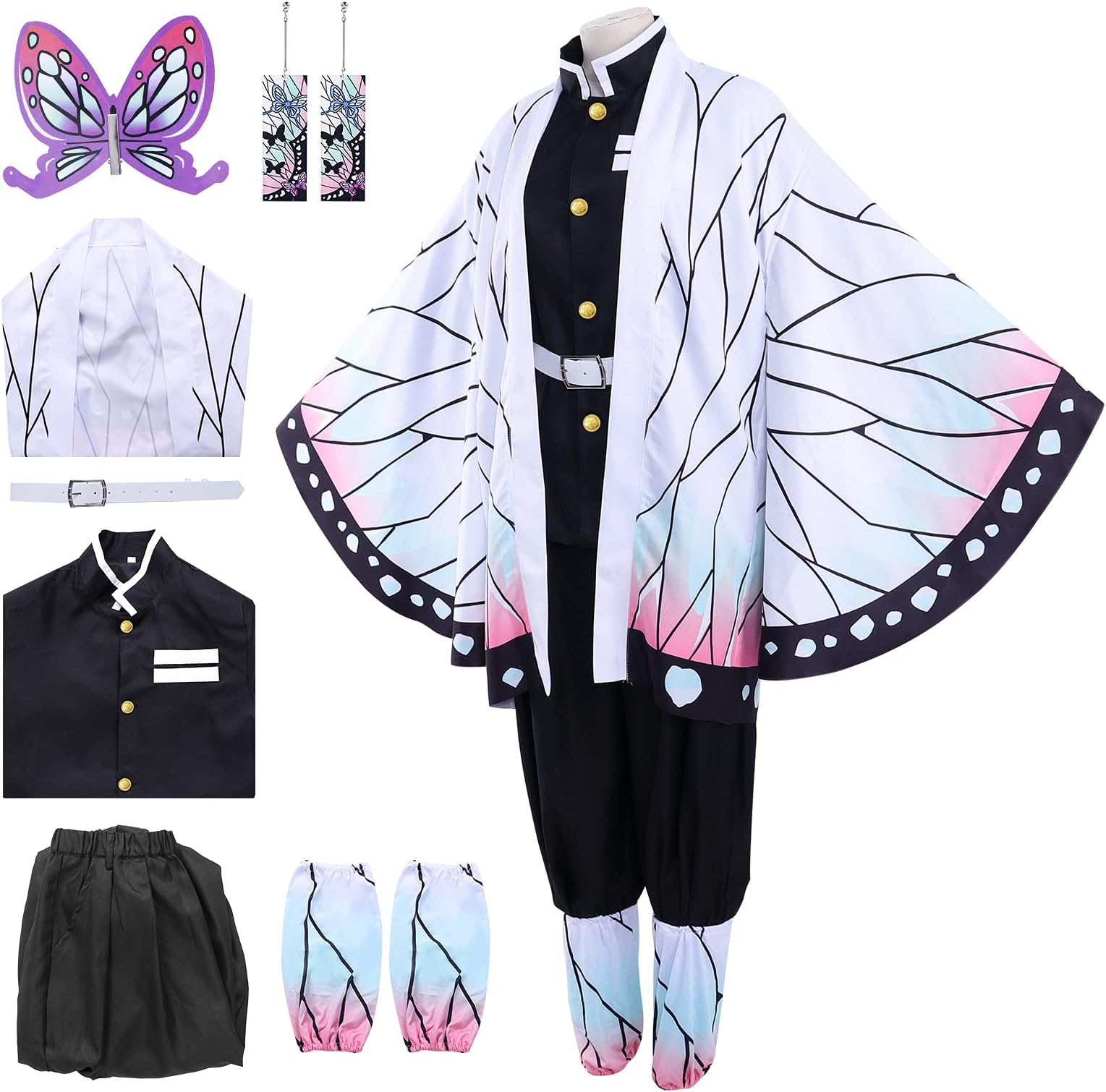 Angenster Shinobu Cosplay Costume, Slayer Kimono Cosplay Shinobu Costume Anime Cosplay Women Outfit Slayer Uniform Set With Earring Headwear, Halloween Costumes for Women Girls