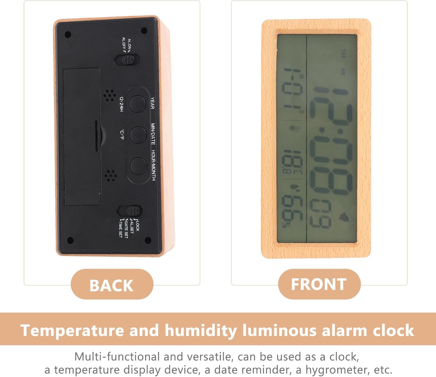 Multi-Function Digital Alarm Clock with Large LED Display, Wood Texture Desktop Thermometer and Humidity Monitor, Night Light, Compact Calendar Clock for Bedroom and Home Use,