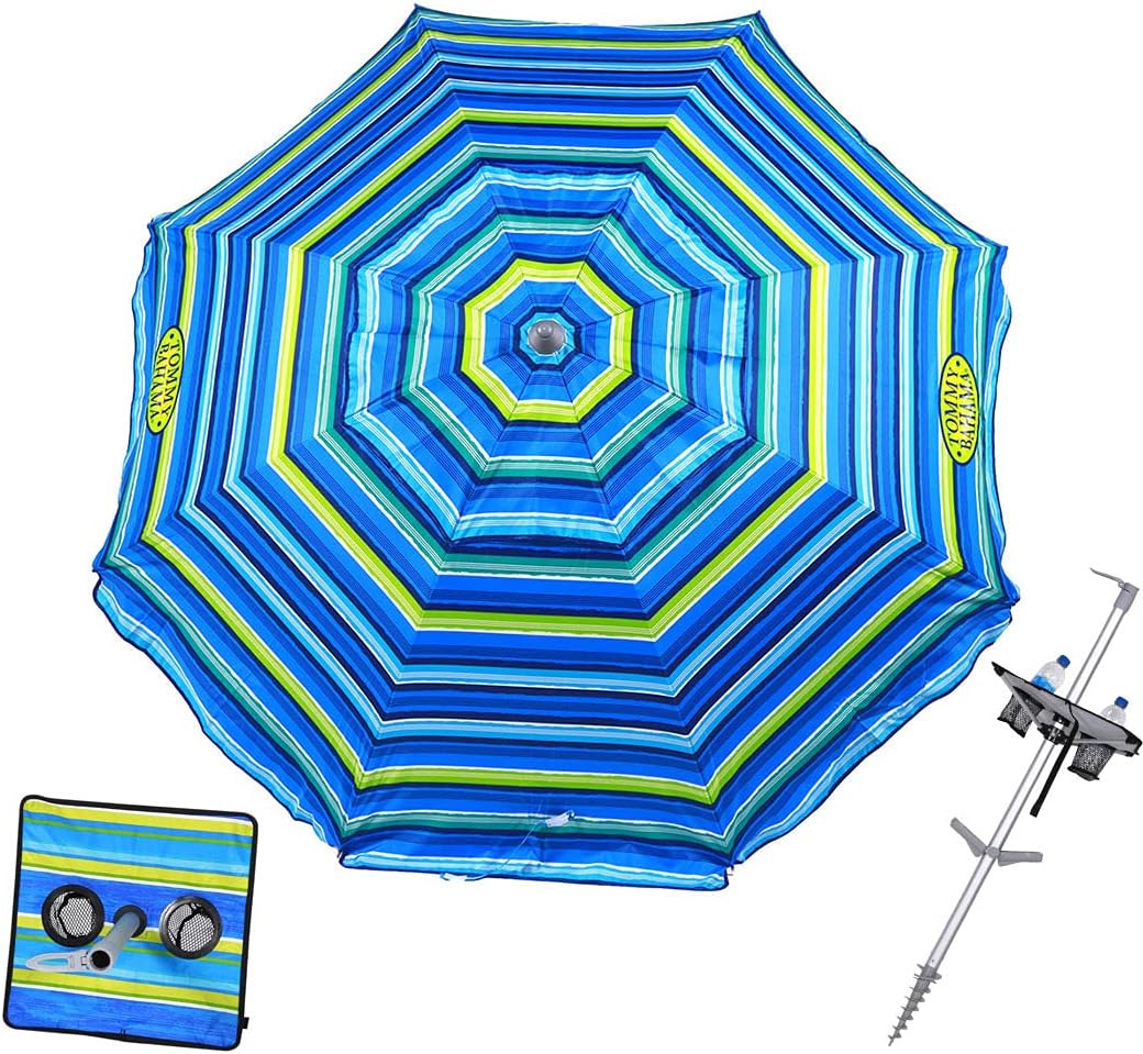 Tommy Bahama 7 ft Fiberglass Beach Umbrella for Sand with Integrated Anchor, Integrated Table, Telescopic Aluminum Pole, UPF 50+, Tilt